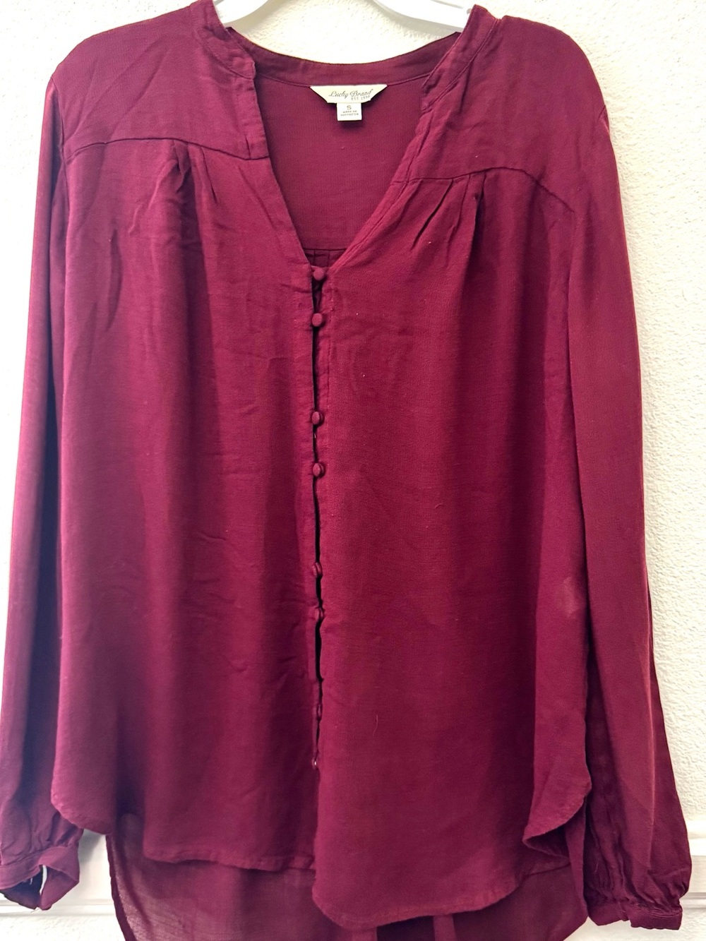 Lucky Brand Long Sleeve Ruched Peasant Top Burgundy Blouse Small